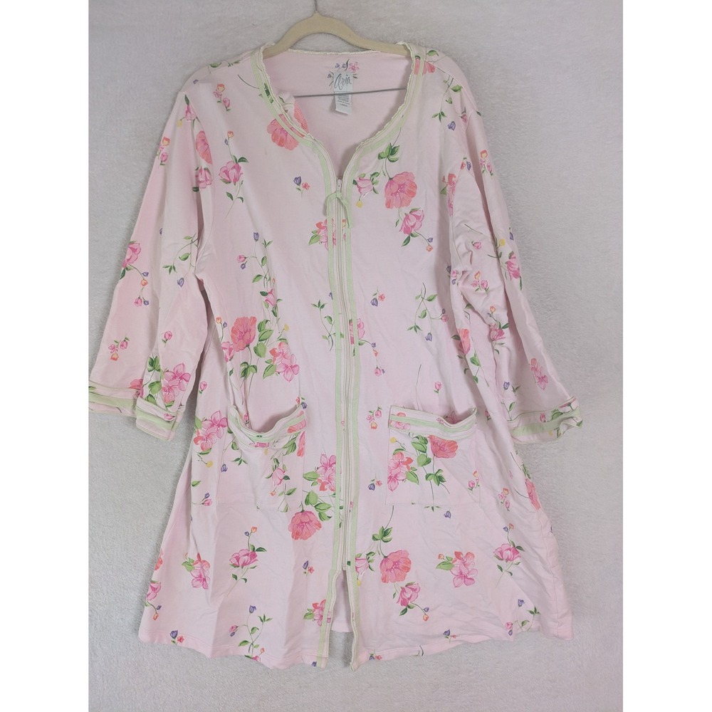 Aria Robe Women's Large Pink Floral Zip Front 3/4 Sleeve Pockets